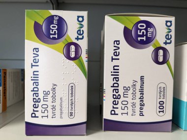 Prague, Czech Republic - July 9 2024: PREGABALIN TEVA box of capsules with PREGABALIN active substance by TEVA, used for treatment of neuropathic pain and epilepsy. clipart