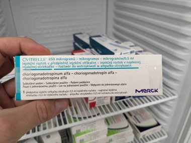 Prague, Czech Republic - JULY 10 2024: Ovitrelle box of medication with choriogonadotropin alfa active substance by Merck Serono, used for treatment of infertility and to trigger ovulation in women un clipart