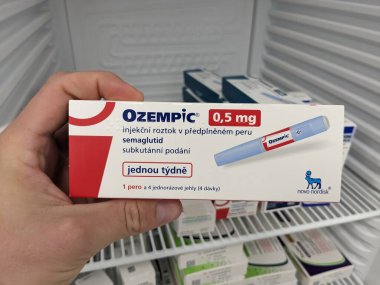 Brno,Czech republic-June 28 2024: Ozempic box. Czech version of ozempic medication. Diabetes treatment in Czech republic. Package of semaglutide. Diabetes drug.Sometimes abused for weight loss clipart