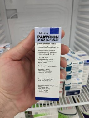 Prag, Çek Cumhuriyeti - 9 Temmuz 2024: NEOMYCIN, BACITRACIN ve POLYMYXIN B ile birlikte bakteriyel deri enfeksiyonlarının tedavisinde kullanılan PAMYCON merhem kutusu.