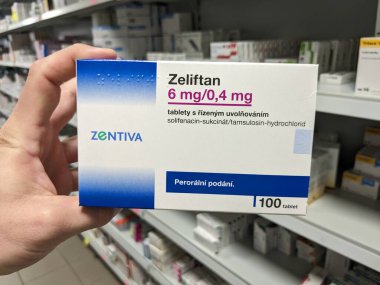 Prag, Çek Cumhuriyeti-17 Haziran 2024: Pfizer 'ın Solifenasin aktif maddesiyle ZELIFTAN ilacı, aşırı mesane, idrar tutamama, sık idrara çıkma, idrar kontrolü, idrar kontrolü