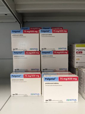 Prag, Çek Cumhuriyeti - 9 Temmuz 2024: ZENTIVA tarafından kullanılan TRAMADOL ve PARACETAMOL aktif maddeler içeren PALGOTAL tablet kutusu.