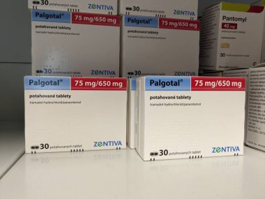 Prag, Çek Cumhuriyeti - 9 Temmuz 2024: ZENTIVA tarafından kullanılan TRAMADOL ve PARACETAMOL aktif maddeler içeren PALGOTAL tablet kutusu.