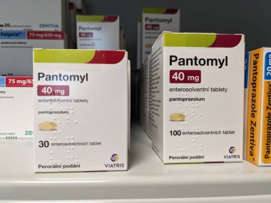 Prag, Çek Cumhuriyeti 23 Mayıs 2023: Eczacılık-Pantoprazole, mide asidi miktarını azaltan bir proton pompa inhibitörüdür.