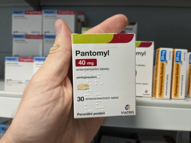 Prag, Çek Cumhuriyeti 23 Mayıs 2023: Eczacılık-Pantoprazole, mide asidi miktarını azaltan bir proton pompa inhibitörüdür.