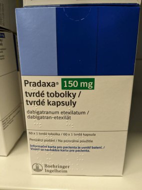 Prague,Czech republic-June 28 2024:Pradaxa box of tablets.Dabigatran as active substance,Boehringer Ingelheim, is an anticoagulant used to treat and prevent blood clots and to prevent stroke clipart