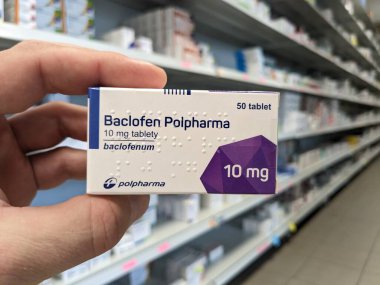 Prag, Çek Cumhuriyeti - 9 Temmuz 2024: BACLOFEN POLPHARMA tablet kutusu POLPHARMA tarafından aktif madde ile birlikte spazm ve kas spazmlarının tedavisinde kullanılır.