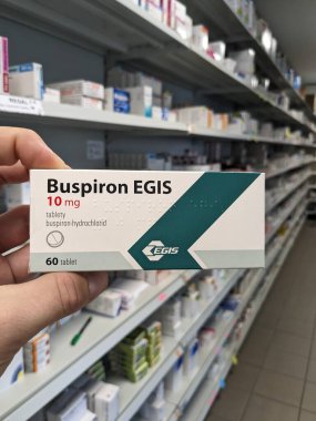 Prague, Czech Republic - July 9 2024: BUSPIRON EGIS box of tablets with BUSPIRONE active substance by EGIS, used for treatment of anxiety disorders. clipart