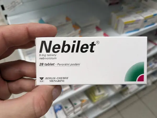 stock image Prague, Czech Republic - July 9 2024: NEBILET box of tablets with NEBIVOLOL active substance by MENARINI, used for treatment of hypertension and heart failure.