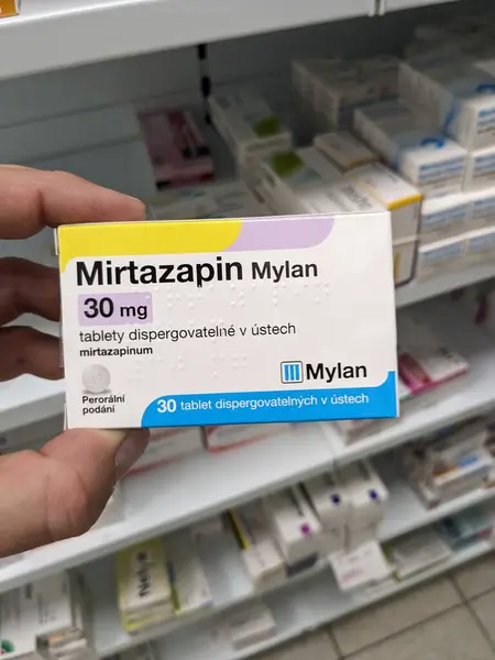 Stock image Prague, Czech Republic - July 9 2024: MIRTAZAPIN MYLAN box of tablets with MIRTAZAPINE active substance by MYLAN, used for treatment of major depressive disorder and anxiety.