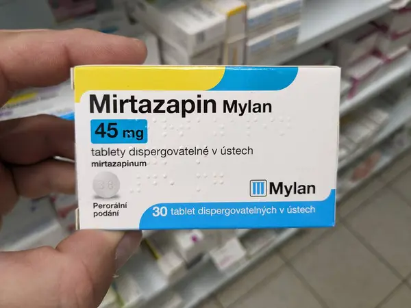 stock image Prague, Czech Republic - July 9 2024: MIRTAZAPIN MYLAN box of tablets with MIRTAZAPINE active substance by MYLAN, used for treatment of major depressive disorder and anxiety.