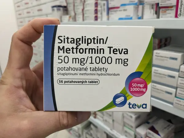 stock image Prague, Czech Republic - July 9 2024: SITAGLIPTIN METFORMIN TEVA box of tablets with SITAGLIPTIN and METFORMIN active substances by TEVA, used for treatment of type 2 diabetes.