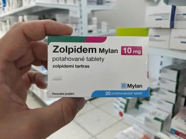 stock image Prague, Czech Republic - July 9 2024: ZOLPIDEM MYLAN box of tablets with ZOLPIDEM active substance by MYLAN, used for treatment of insomnia.