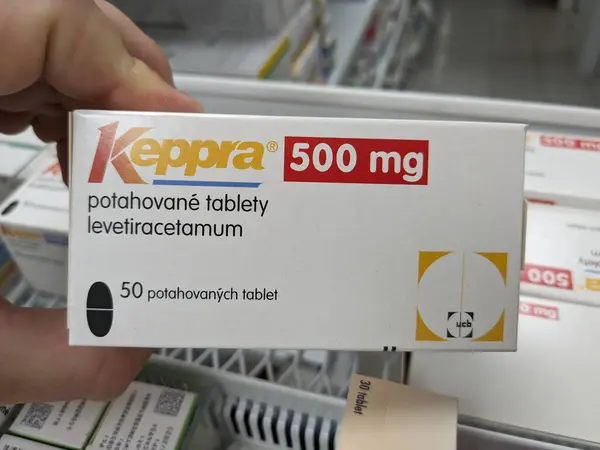 stock image Prague,Czech Republic-August 10 2024: KEPPRA box of tablets with LEVETIRACETAM active substance, used for treatment of epilepsy, seizure control.