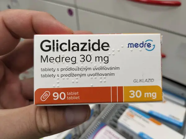 stock image Prague,Czech Republic-August 10 2024: GLICLAZIDE MEDREG box of tablets with GLICLAZIDE active substance,used for treatment of type 2 diabetes, blood sugar control.