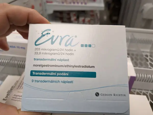 stock image Prague, Czech Republic - July 9 2024: EVRA box of contraceptive patch with ETHINYL ESTRADIOL and NORELGESTROMIN active substances by JANSSEN, used for birth control and family planning.