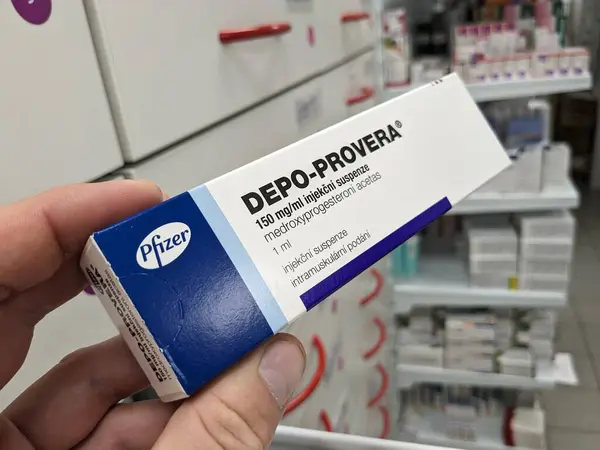 stock image Prague, Czech Republic - July 9 2024: DEPO-PROVERA box of medication with medroxyprogesterone acetate active substance by Pfizer, used for treatment of contraception, menstrual disorders, endometriosi