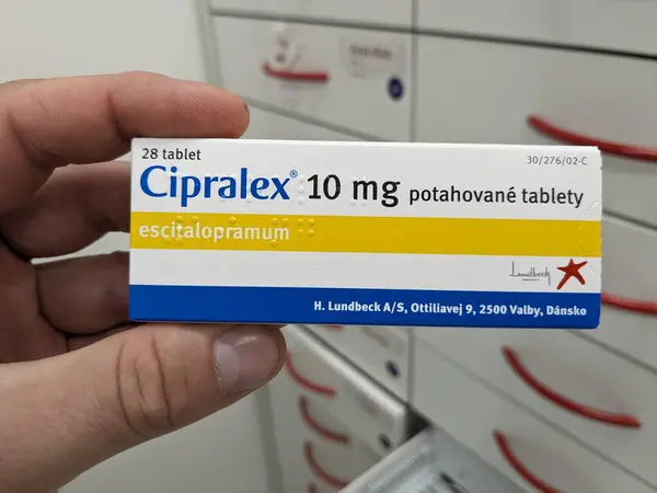 stock image Prague, Czech Republic - June 28 2024: CIPRALEX box of medication with Escitalopram active substance by Lundbeck, used for treatment of depression, anxiety disorders.