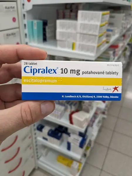 stock image Prague, Czech Republic - June 28 2024: CIPRALEX box of medication with Escitalopram active substance by Lundbeck, used for treatment of depression, anxiety disorders.