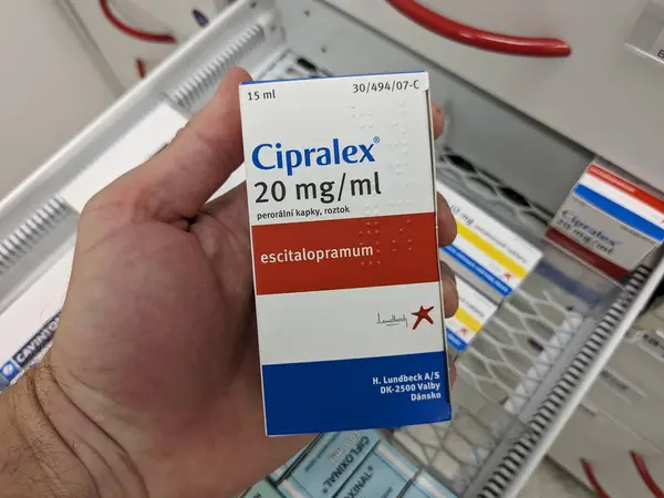 stock image Prague, Czech Republic - JULY 10 2024: Cipralex box of medication with escitalopram active substance by Lundbeck, used for treatment of depression, anxiety disorders, and OCD.