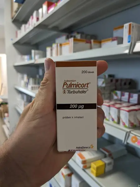 stock image Prague, Czech Republic - July 9 2024: PULMICORT box of inhaler with BUDESONIDE active substance by ASTRAZENECA, used for treatment of asthma and COPD.