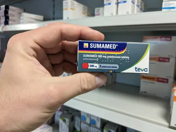 stock image Prague, Czech Republic - July 9 2024: SUMAMED box of tablets with AZITHROMYCIN active substance by PFIZER, used for treatment of bacterial infections.