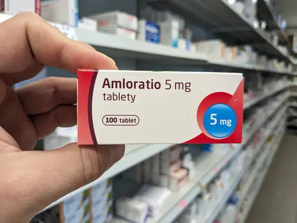 stock image Prague, Czech Republic - July 9 2024: AMLORATIO box of tablets with AMLODIPINE active substance by SANDOZ, used for treatment of hypertension and angina.