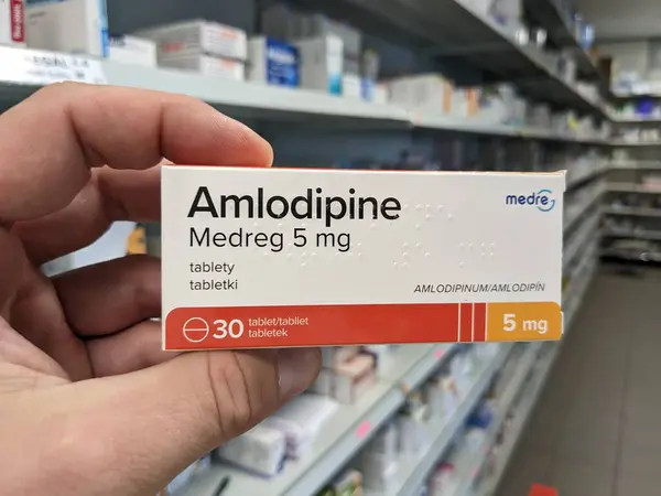 stock image Prague, Czech Republic - July 9 2024: AMLODIPINE MEDREG box of tablets with AMLODIPINE active substance by MEDREG, used for treatment of hypertension and angina.