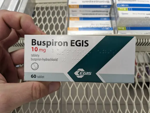 stock image Prague, Czech Republic - July 9 2024: BUSPIRON EGIS box of tablets with BUSPIRONE active substance by EGIS, used for treatment of anxiety disorders.