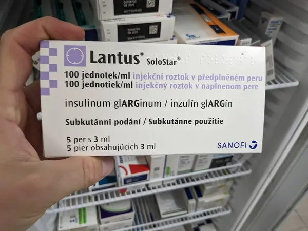 stock image Prague,Czech republic-June 27 2024:LANTUS Solostar medication with Insulin glargine active substance by Sanofi, used for treatment of diabetes mellitus type 1, diabetes mellitus type 2, hyperglycemia