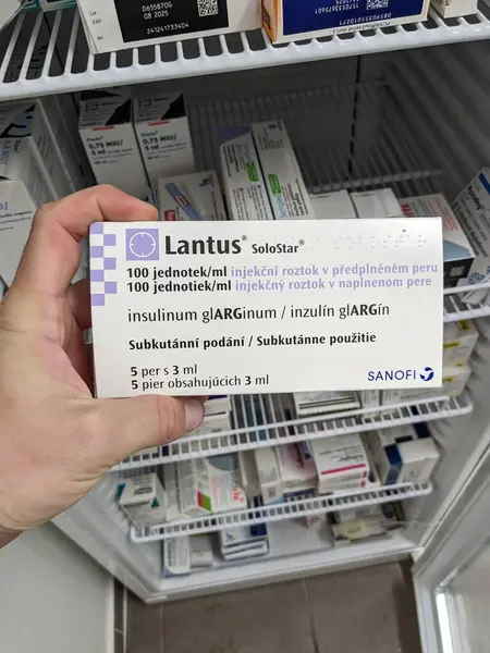 stock image Prague,Czech republic-June 27 2024:LANTUS Solostar medication with Insulin glargine active substance by Sanofi, used for treatment of diabetes mellitus type 1, diabetes mellitus type 2, hyperglycemia