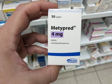 Prag, Çek Cumhuriyeti - 10 Temmuz 2024: METYPRED ilaç kutusu METHYLPREDNISOLone aktif madde ORION PHARMA, iltihap ve otoimmün hastalıkların tedavisinde kullanılır.