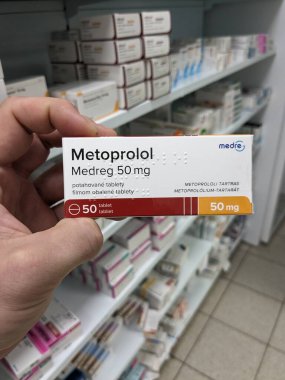 Prag, Çek Cumhuriyeti - 10 Temmuz 2024: METOPROLOL MEDREG ile birlikte METOPROLOL aktif madde, hipertansiyon ve kardiyovasküler sağlık tedavisinde kullanılır.