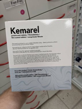 Prague, Czech Republic - July 9 2024: KEMAREL box of medication with ketoprofen active substance by Polfa Warszawa, used for treatment of inflammation, pain relief, rheumatoid arthritis, osteoarthriti clipart