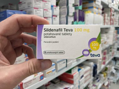 Prague, Czech Republic - July 10 2024: SILDENAFIL TEVA box of medication with SILDENAFIL active substance by TEVA, used for treatment of erectile dysfunction. clipart