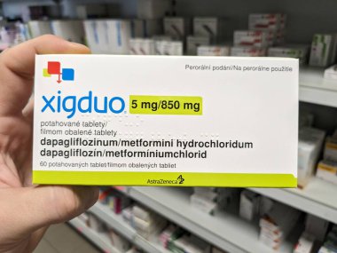 Prague, Czech Republic - July 10 2024: XIGDUO box of medication with DAPAGLIFLOZIN and METFORMIN active substances by ASTRAZENECA, used for treatment of type 2 diabetes and blood sugar control. clipart