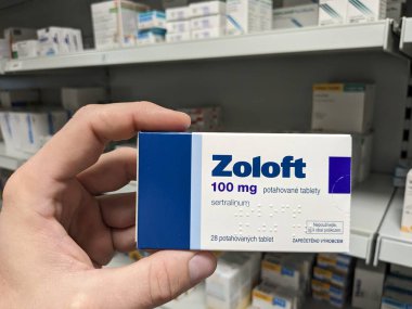 Prague, Czech Republic - July 10 2024: ZOLOFT box of medication with SERTRALINE active substance by PFIZER, used for treatment of depression and anxiety disorders. clipart