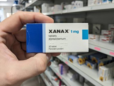 Prague, Czech Republic - July 10 2024: XANAX box of medication with ALPRAZOLAM active substance by PFIZER, used for treatment of anxiety and panic disorder. clipart