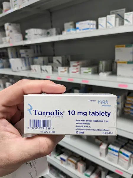 stock image Prague, Czech Republic - JULY 10 2024: Tamalis box of medication with desloratadine active substance by Egis Pharmaceuticals, used for treatment of allergic rhinitis and chronic urticaria.