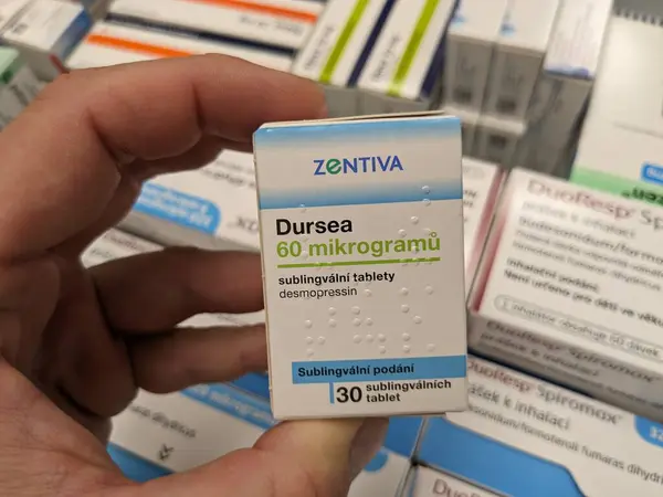 stock image Prague, Czech Republic - JULY 10 2024: Dursea box of medication with desmopressin active substance by Egis Pharmaceuticals, used for treatment of diabetes insipidus and nocturnal enuresis.