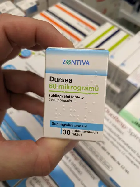 stock image Prague, Czech Republic - JULY 10 2024: Dursea box of medication with desmopressin active substance by Egis Pharmaceuticals, used for treatment of diabetes insipidus and nocturnal enuresis.