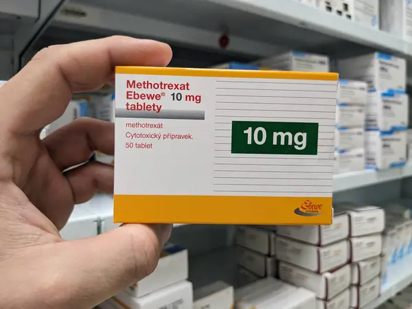 stock image Prague, Czech Republic - JULY 10 2024: Methotrexat Ebewe box of medication with methotrexate active substance by Ebewe Pharma, used for treatment of rheumatoid arthritis, psoriasis, and certain types 