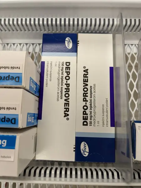 stock image Prague, Czech Republic - JULY 10 2024: Depo-Provera box of medication with medroxyprogesterone acetate active substance by Pfizer, used for contraception, menstrual regulation, and endometriosis treat