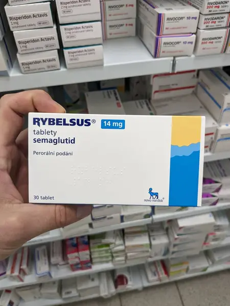 stock image Prague, Czech Republic - July 10 2024: RYBELSUS box of medication with SEMAGLUTIDE active substance by NOVO NORDISK, used for treatment of type 2 diabetes and blood sugar control.