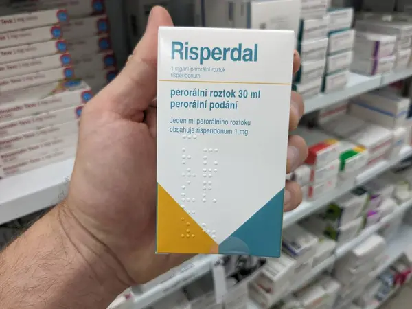 stock image Prague, Czech Republic - July 9 2024: RISPERDAL box of tablets with RISPERIDONE active substance by JANSSEN, used for treatment of schizophrenia and bipolar disorder.