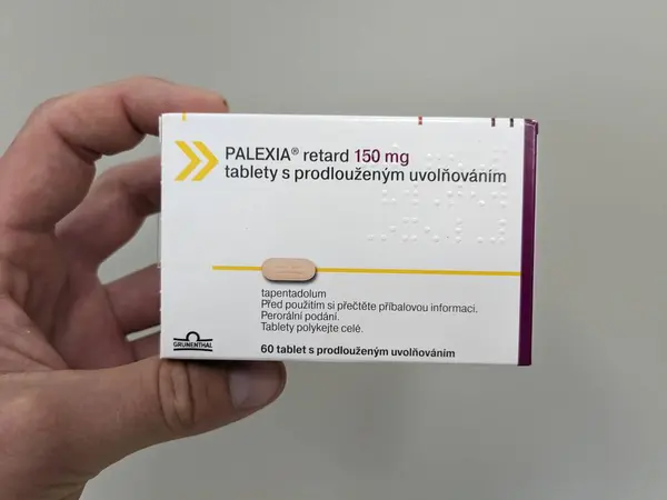 stock image Prague, Czech Republic - JULY 10 2024: Palexia box of medication with tapentadol active substance by Grunenthal, used for treatment of moderate to severe acute and chronic pain.