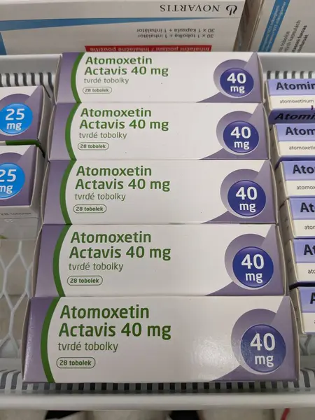 stock image Prague, Czech Republic - July 10 2024: ATOMOXETIN MYLAN box of medication with ATOMOXETINE active substance by MYLAN, used for treatment of ADHD.