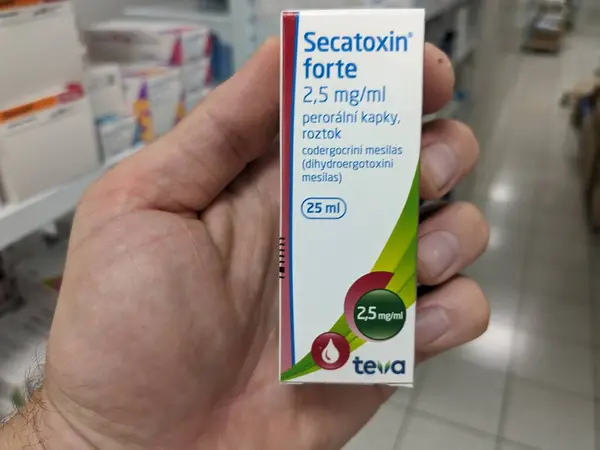 stock image Prague, Czech Republic - July 10 2024: SECATOXIN FORTE box of medication with ESCIN active substance by TEVA, used for treatment of chronic venous insufficiency and varicose veins.