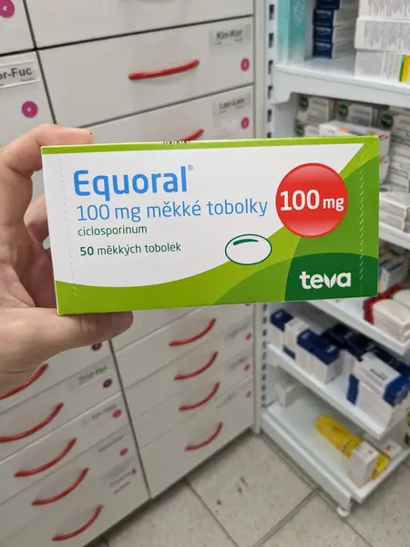 stock image Prague, Czech Republic - July 10 2024: EQUORAL box of medication with CICLOSPORIN active substance by TEVA, used for immunosuppression in organ transplantation and treatment of autoimmune diseases.