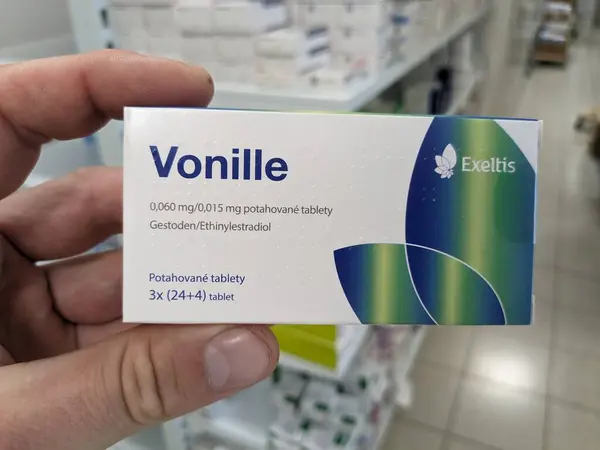 stock image Prague, Czech Republic - July 10 2024: VONILLE box of oral contraceptive with DIENOGEST and ESTRADIOL VALERATE active substances by GEDEON RICHTER, used for birth control and menstrual regulation.